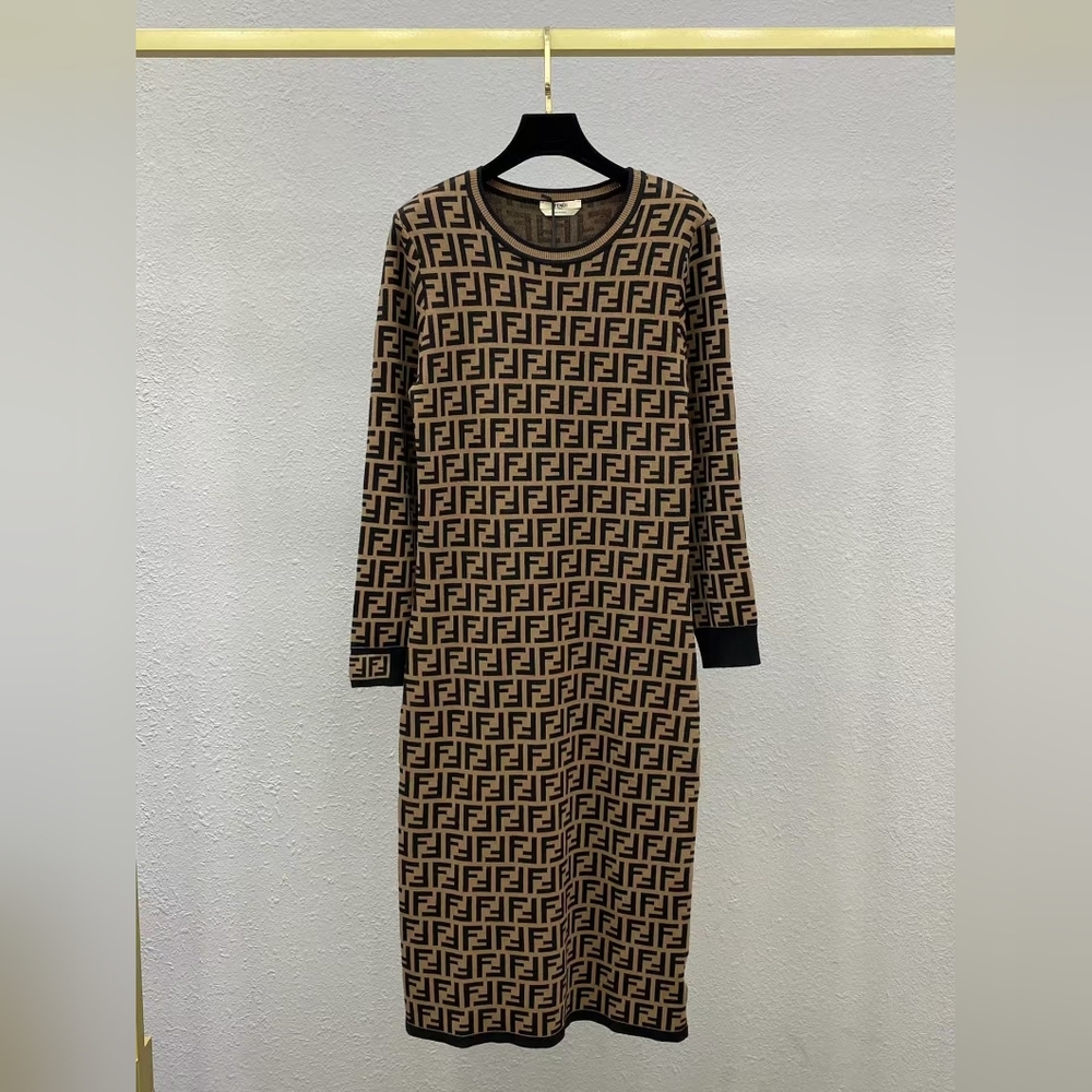 Fendi FF Crew Neck Long Sleeve Knit Dress